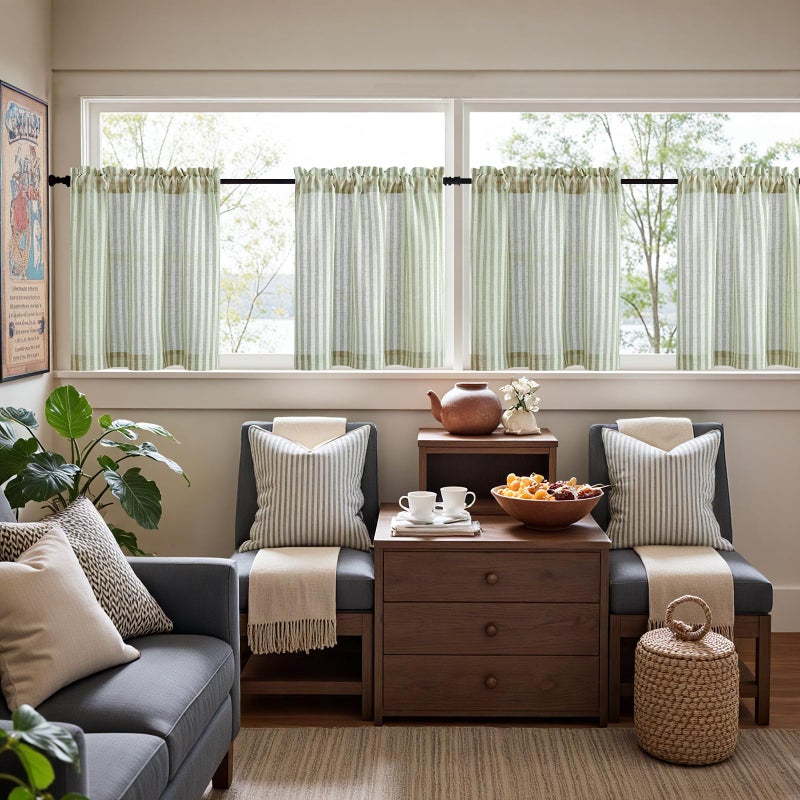 jinchan Striped Linen Kitchen Curtains 24 Inches Length Tier Curtains Farmhouse Modern Cafe Style Small Window Treatments Airy Light Filtering Rod Pocket for Living Room Bathroom 2 Panels Sage Green - Image 3